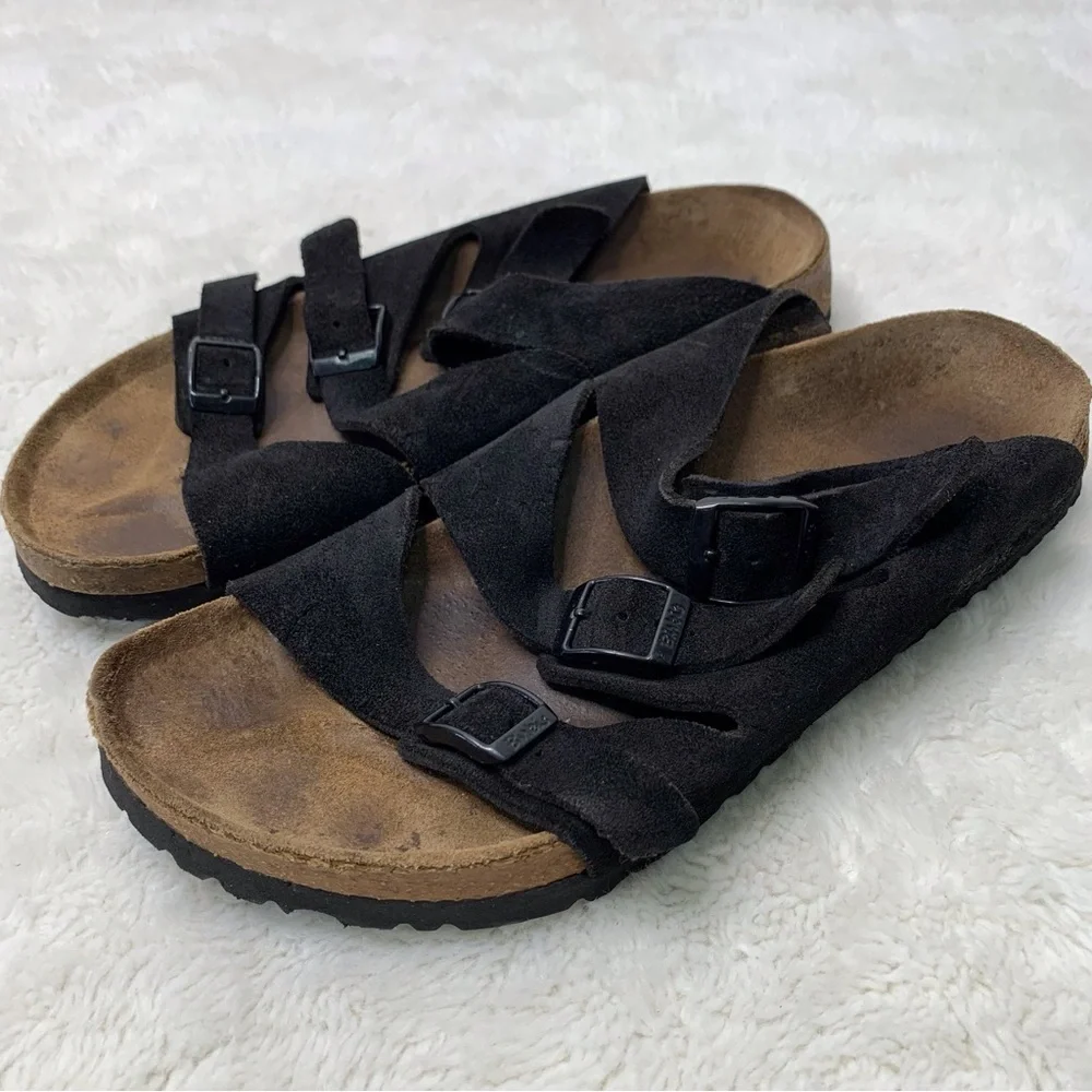 Birki's by Birkenstock Women's Black Suede Leather Three Straps Sandals Size L10